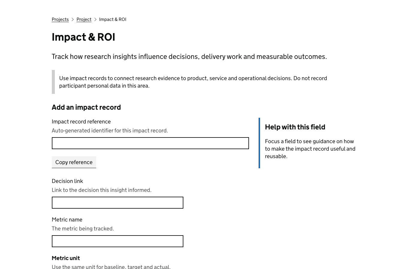 Screenshot of the ResearchOps impact and ROI screen showing impact record fields, type choices, scale choices and recorded impact areas.