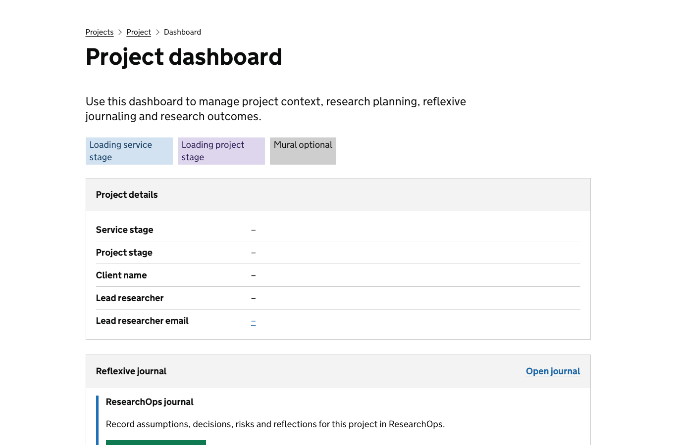 Screenshot of the ResearchOps project dashboard showing project details, service stage, project stage and reflexive journal controls.