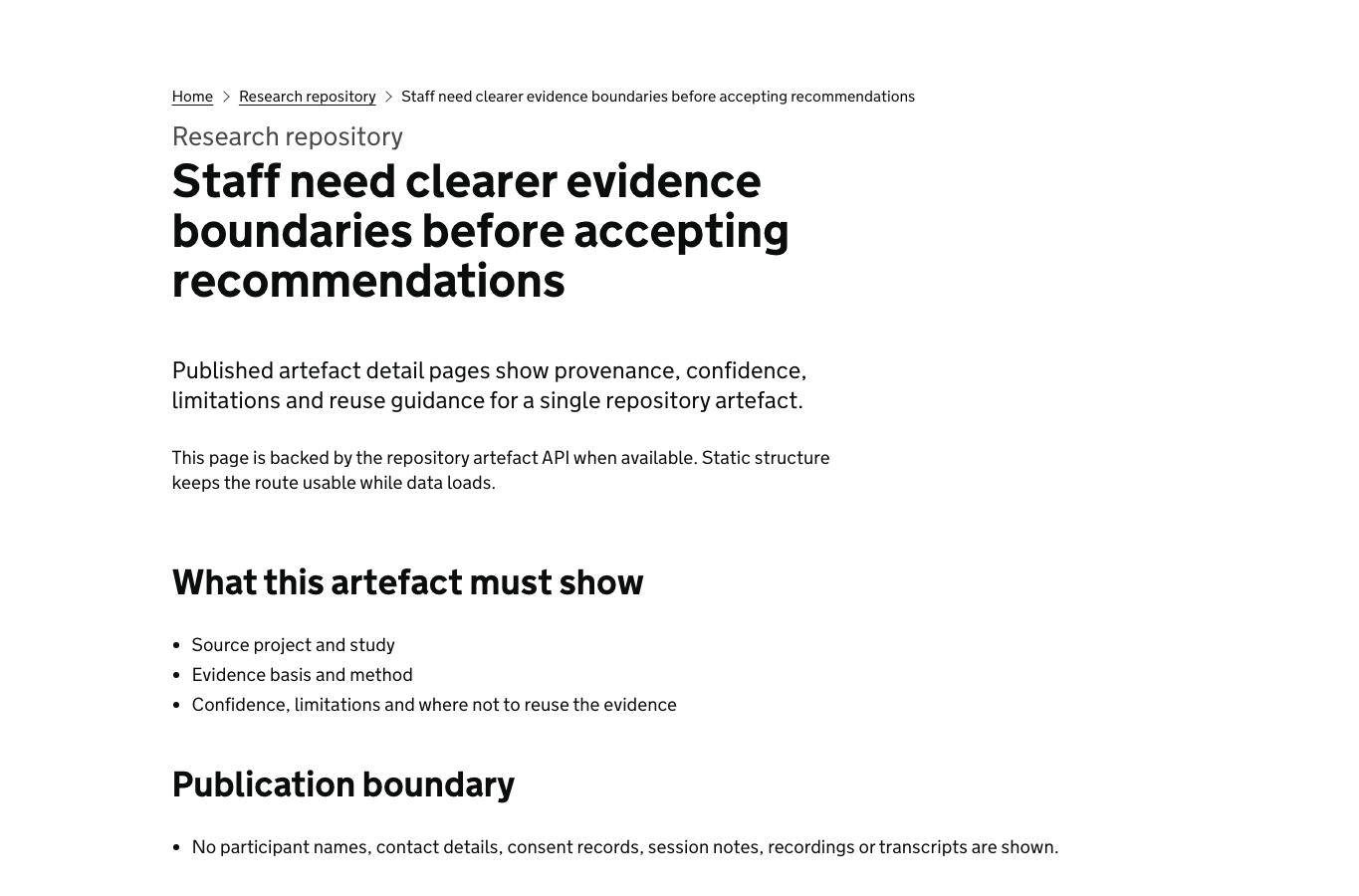 Screenshot of a ResearchOps published repository artefact page showing the evidence title, summary and reuse information.