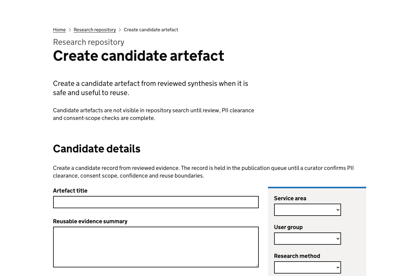 Screenshot of the ResearchOps create candidate artefact screen showing candidate details, taxonomy fields and reuse metadata controls.