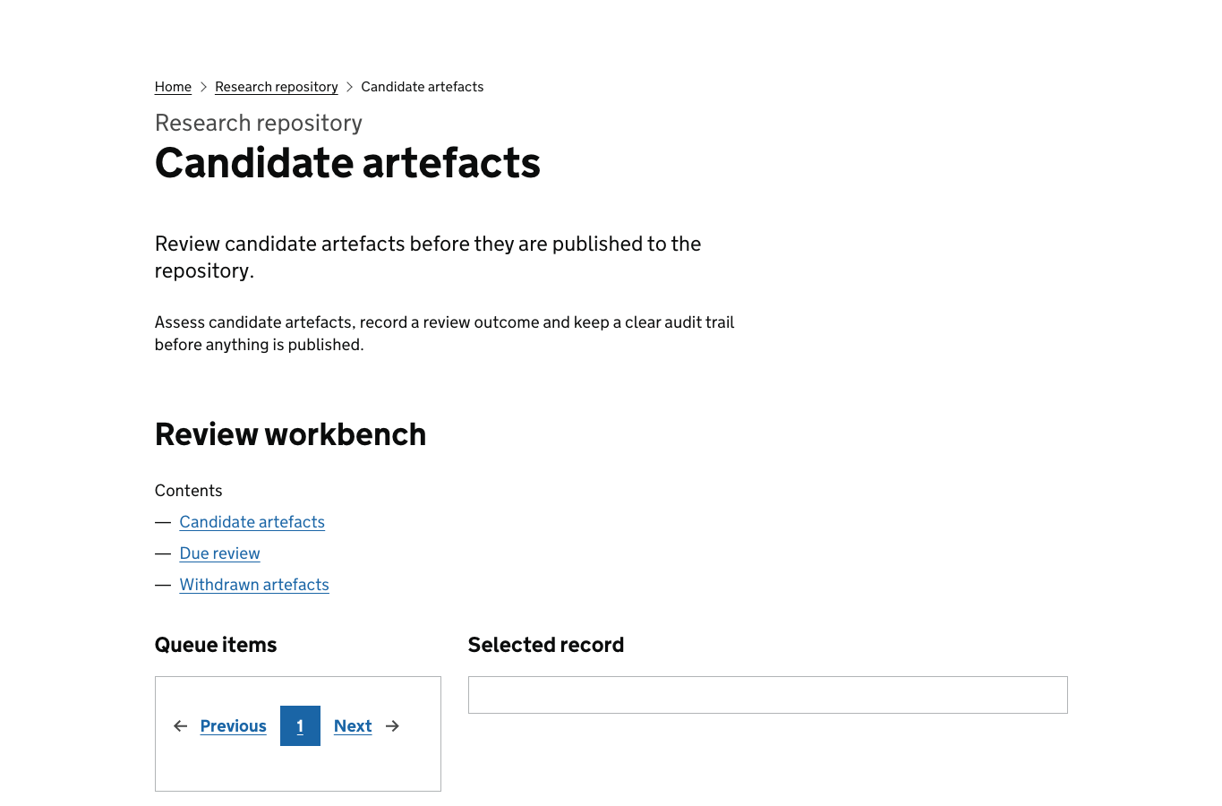 Screenshot of the ResearchOps candidate artefacts review workbench showing review tabs, queue items and selected record areas.