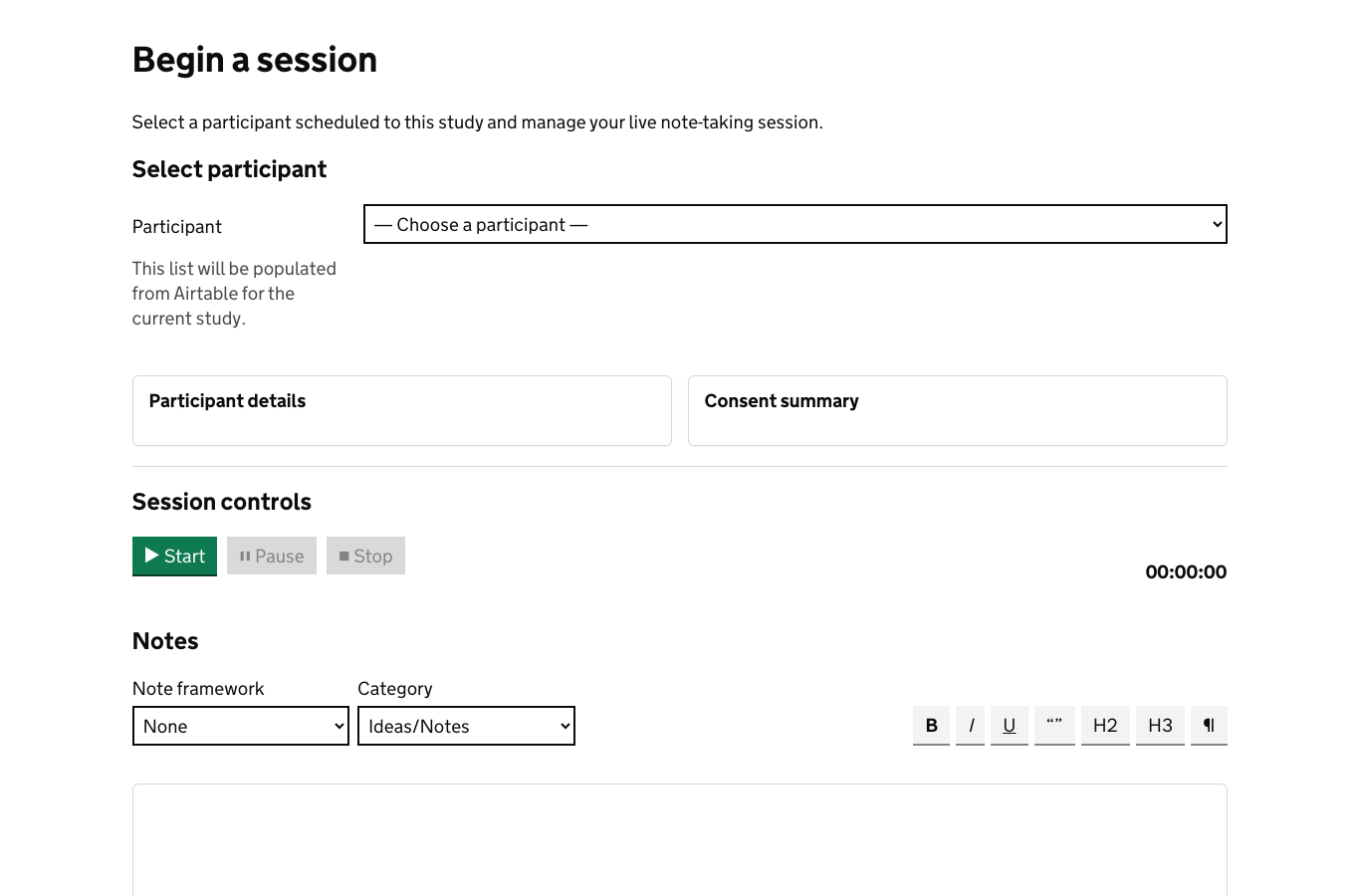 Screenshot of the ResearchOps session workspace showing participant selection, consent summary, session controls and notes.
