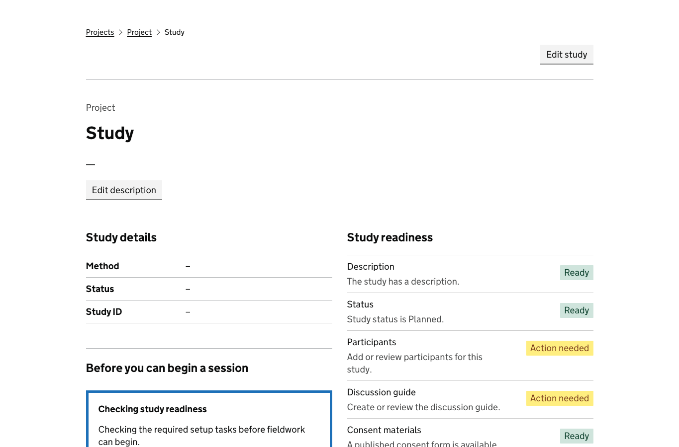 Screenshot of the ResearchOps study readiness page showing study details, readiness status and study setup tasks.