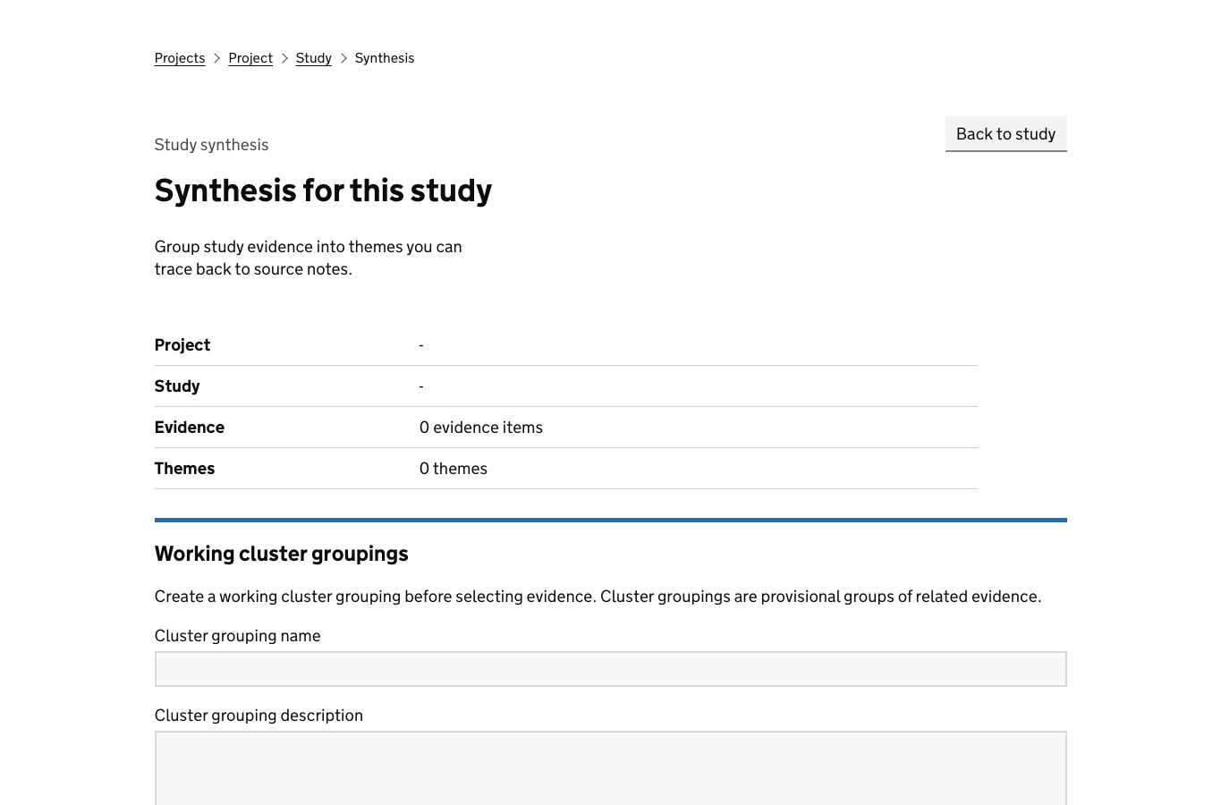Screenshot of the ResearchOps synthesis workspace showing the synthesis summary and working cluster groupings.